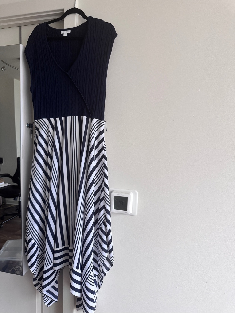 New York & Company Navy and White Asymmetrical Handkerchief Dress